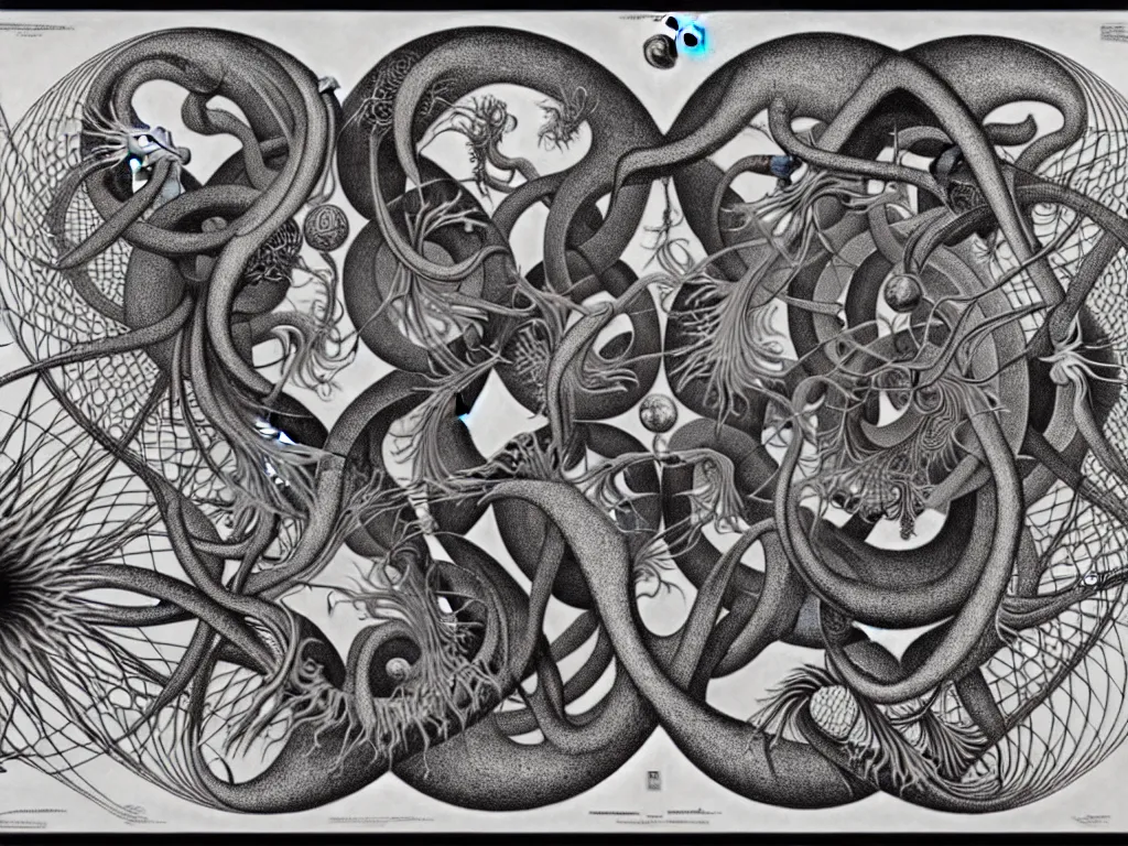 Prompt: neo surrealism, art by ernst haeckel and daniel martin diaz and mc escher