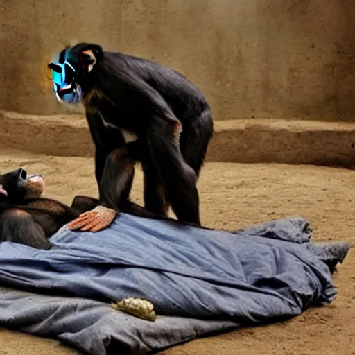 Image similar to kurdish man tucks his pet chimpanzee into bed, in a movie directed by christopher nolan, movie still frame, promotional image, imax 7 0 mm footage, strong and imposing