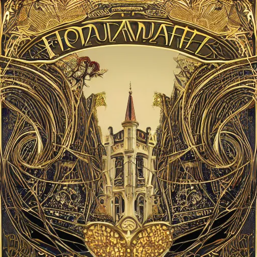 Image similar to a beautiful city made of ivory and gold, highly intricate, digital art, very detailed, in the style of a weird and dark eerie liminal art nouveau flemish painting