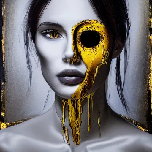 Image similar to liquid marble acrylic fluid paint, portrait, golden and black liquid materials, abstract art, beautiful female model standing, face with 3 eyes, semi realism, surreal