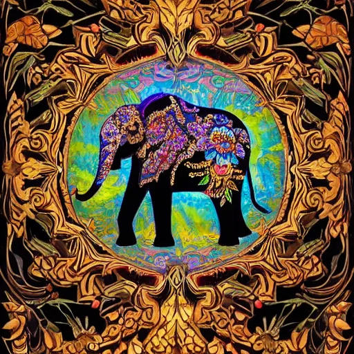 Prompt: Painted dark-wood relief carving of a Flowerpunk Matriarch Elephant, explosion of colorful flowers, dark wood, intricately carved, broken-stained-glass, black ink, holi festival of rich color, intricate details, cinematic lighting, volumetric lighting, backlit, post-processing, by andreas rocha and john howe, and Martin Johnson Heade, featured on artstation, featured on behance, golden ratio, ultrawide angle, hyper detailed, photorealistic, epic composition, wide angle, f32, well composed, UE5, 8k H 768