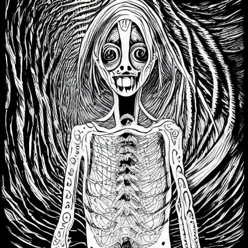 Image similar to black and white illustration creative design, fish, junji ito, body horror