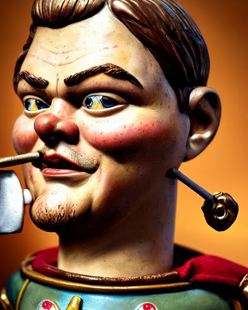 Image similar to highly detailed closeup, face profile portrait of a tin toy leonardo dicaprio as a medieval goblin eating cakes in a castle, hyper realistic, artstation, illustration, nicoletta ceccoli, mark ryden, lostfish, dan decarlo, bob clampett, max fleischer, digital paint, matte paint, vivid colors, detailed and intricate environment