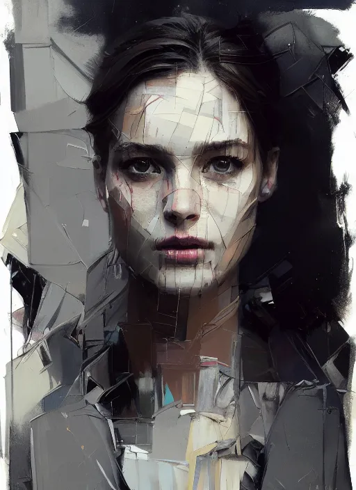 Image similar to outdoor portrait of a beautiful girl, shades of grey, beautiful face, rule of thirds, intricate outfit, spotlight, by greg rutkowski, by jeremy mann, by francoise nielly, digital painting