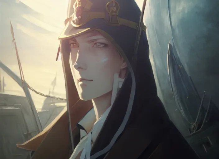 Prompt: portrait of lady maria, helm of second world war warship in background, illustration concept art anime key visual trending pixiv fanbox by wlop and greg rutkowski and makoto shinkai and studio ghibli and kyoto animation, symmetrical facial features, astral witch clothes, dieselpunk, realistic anatomy, grimdark, volumetric lighting, backlit