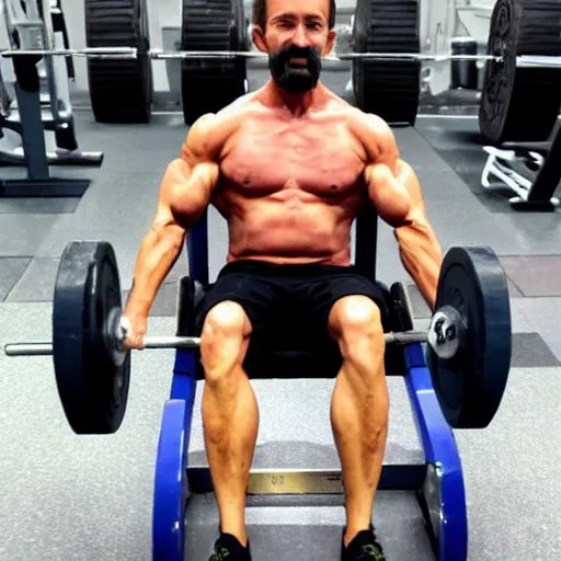 Image similar to pablo echenique robba as a bodybuilder in a gym lifting weights sitting in his wheelchair