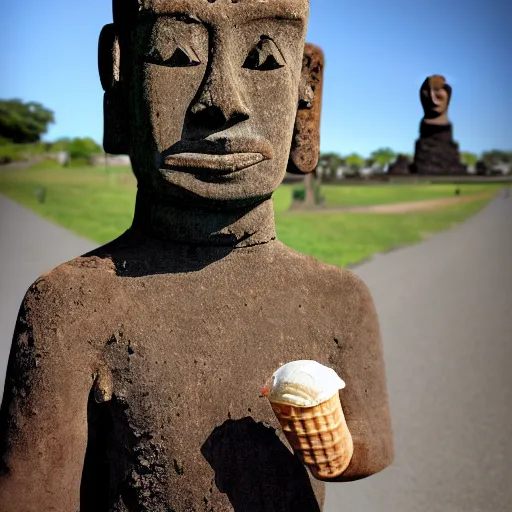 Prompt: a very upset and crying kid holding an ice cream cone but the ice cream is replaced with a moai statue, 4 k photograph