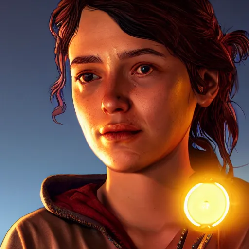 Image similar to portrait art of clementine walking dead telltale games, 8 k ultra realistic, lens flare, atmosphere, glow, detailed, intricate, full of colour, led lighting, trending on artstation, 4 k, hyperrealistic, focused, extreme details, unreal engine 5, masterpiece