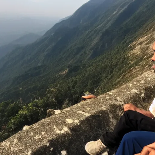 Image similar to man sitting on top peak mountain cliff looking at tsunami