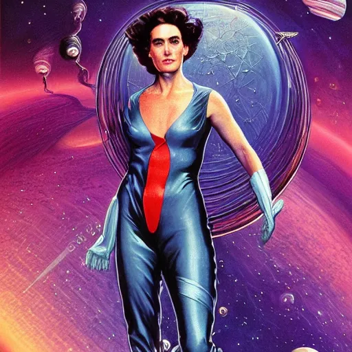 Prompt: Jennifer Connelly as a stunning , beautiful retro SCI-FI space heroine 1985 , movie poster, intricate, elegant, highly detailed, centered, digital painting, trending on artstation, concept art, smooth, sharp focus, illustration, art by artgerm and donato giancola and Joseph Christian Leyendecker, Ross Tran, WLOP