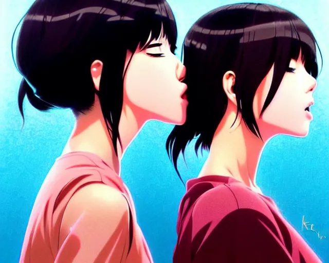 Image similar to two girls kissing | very very anime!!!, fine - face, audrey plaza, realistic shaded perfect face, fine details. anime. realistic shaded lighting poster by ilya kuvshinov katsuhiro otomo ghost - in - the - shell, magali villeneuve, artgerm, jeremy lipkin and michael garmash and rob rey