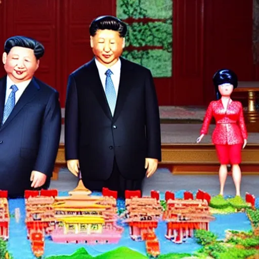Prompt: kim kong un and xi jinping playing with barbies, hyper realistic with detailed shadows