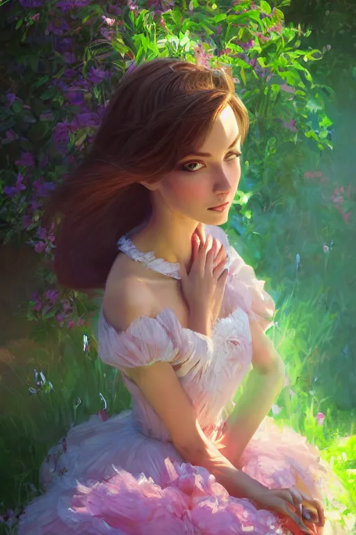 Prompt: portrait of a princess, painting by michael wellen, john stephens, artgerm, ilya kuvshinov, in a verdant garden, tone mapping, trending on artstation