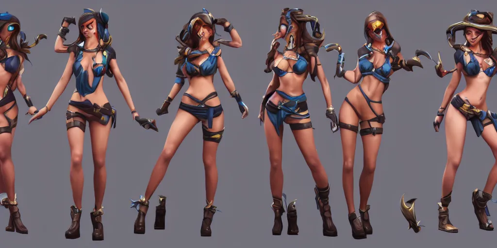 Image similar to rendered character sheet of of beautiful Pool party Caitlyn in the game League of Legends, unreal engine 53d trending on art station