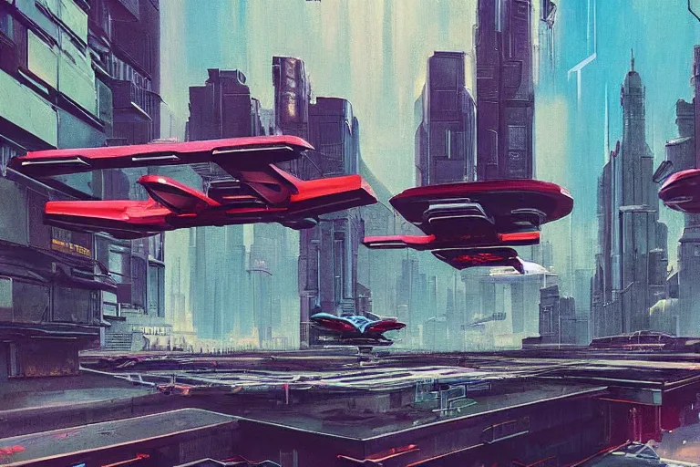 Prompt: City Scape with Flying Cars. in cyberpunk style by Vincent Di Fate