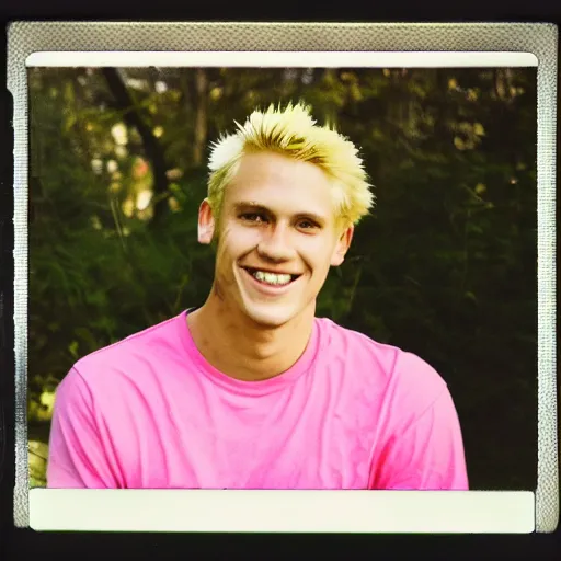 Image similar to flash photography polaroid of a young man with blonde hair sitting by a campfire nearby, smiling at the camera, wearing a pink t-shirt, retro 90s photograph, image artifacts