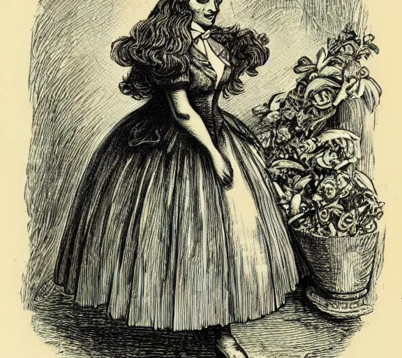 Image similar to Tenniel illustration portrait of Alice, walking in wonderland