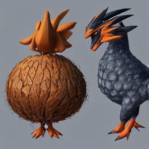 Image similar to A pokemon rooster that looks like a coconut, which splits in half into wings,Trending on art station. Unreal engine.