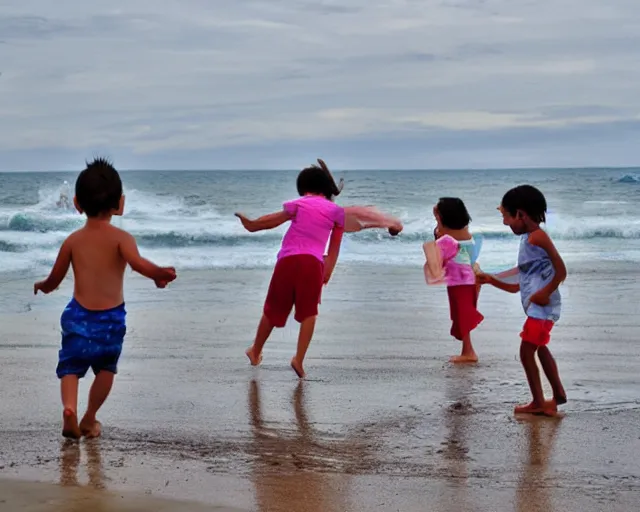 Prompt: children playing at the beach, cdx