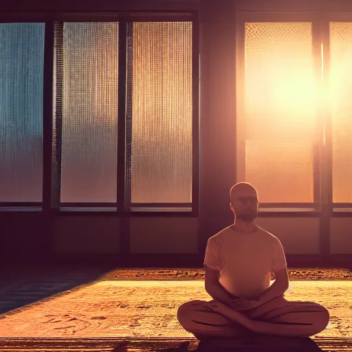 Image similar to a man sits in a meditation pose in the middle of a large throne room. the air is filled with haze. holographic user interface elements float all around him. wires and cables run, overlapping, along the floor. golden sunlight illuminates the room at sunset. this space is sacred.