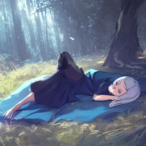 Prompt: girl sorcerer with white hair in a hairbun, wearing a black tshirt, and wearing blue jean. she is laying down sleeping, in a forest landscape. digital art, environment concept art, by rossdraws, ghibli, art by greg rutkowski