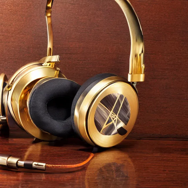 Image similar to masterpiece photo of beautiful hand crafted artistic gold metal headphones, bismuth rainbow metal, bismuth cups, plush leather pads, displayed on mahogany desk, modernist headphones, bismuth beautiful well designed, hyperrealistic, audiophile, intricate hyper detail, extreme high quality, photographic, audeze, sennheiser, bang olufsen, abyssal