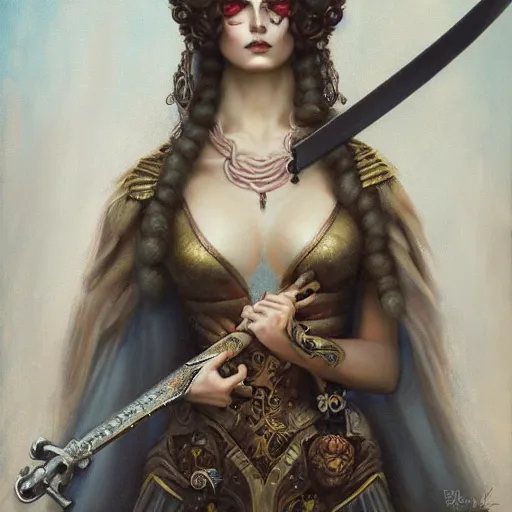 Image similar to tom bagshaw, soft painting of a curiosities carnival steampunk, beautiful young aristocrat blessing sword in full dress, perfectly detailed, symmetrical accurate intricate sensual features, highly detailed, artstation, sharp focus