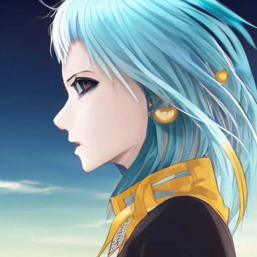 Prompt: profile shot of rimuru tempest, sky blue hair, ponytail, long bangs, gold eyes, black jacket with white stripes and a high collar, highly detailed, roman city, professional art, concept art, shutterstock, cinematic, wlop | art by pixiv, ilya kuvshinov, greg rutkowski, yoshitaka amano