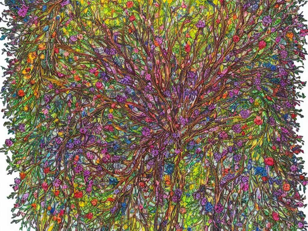 Prompt: artistic multicolor veduta with singular treant with crown like mycelium branches highly detailed and blossoming, with flowers