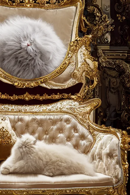 Image similar to a silver gelatin photo portrait of a magnificent fluffy fat royal cat on an embroidered velvet cushion on a neo - rococo gilded little bed, by david lachapelle, photorealistic, photography, wide shot