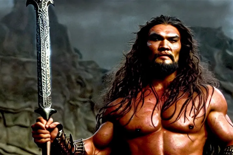 Image similar to 7 0 mm film still from conan the barbarian, jason momoa as conan with a giant sword wearing ornate dragon armor in the wet tombs of medusa skulls and snakes, cinematic, volumetric lighting, mist, wet skin and windblown hair, muscular!!!, heroic masculine pose, ridley scott