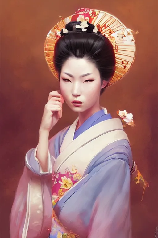 Image similar to Beautiful Geisha Portrait, character portrait art by Mandy Jurgens, 4k portrait, magical mood from japan, cgsociety