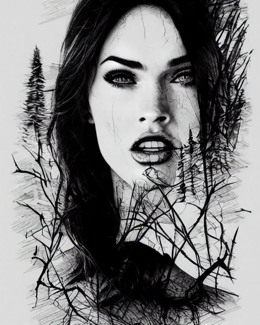Image similar to megan fox face mash up with beautiful mountains, in the style of dan mountford, tattoo sketch, double exposure, hyper realistic, amazing detail, black and white