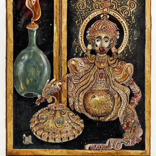 Prompt: An elegant hand reaches for an ornate Djinn bottle spewing smoke, The hand is surrounded by piles of sparkling treasure, ornate, jewels, Byzantine