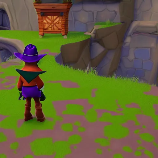 Image similar to screenshot of a cute humanoid inspector dragon with a brown trenchcoat as an npc in spyro the dragon video game, with playstation 1 graphics, activision blizzard, upscaled to high resolution