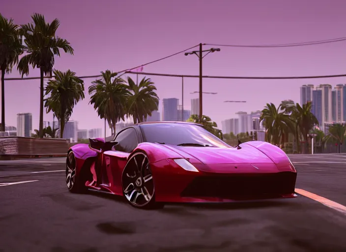 Image similar to still next - gen ps 5 game grand theft auto 6 2 0 2 4 remaster, graphics mods, rain, red sunset, people, rtx reflections, gta vi, miami, palms and miami buildings, photorealistic screenshot, unreal engine, 4 k, 5 0 mm bokeh, close - up concept sport car!, gta vice city remastered, artstation