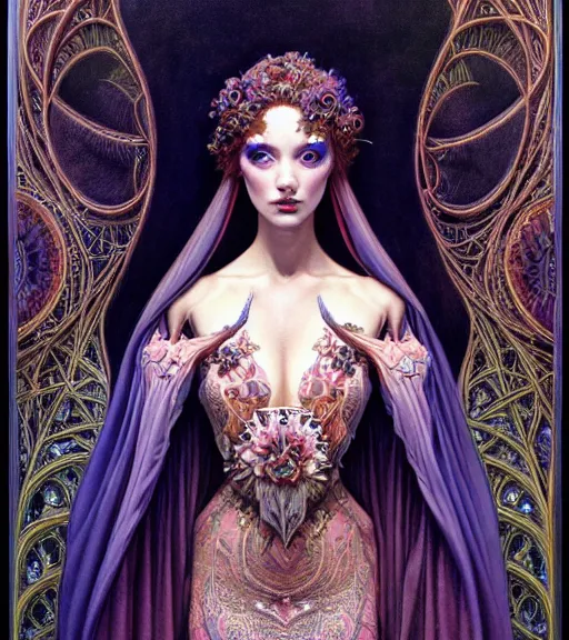 Image similar to symmetrical painting, a beautiful female sorceress in dress, pretty, detailed and intricate, perfect body shape, perfect face, hypermaximalist, elegant, ornate, luxury, elite, matte painting, cinematic lighting, james jean, brian froud, wayne barlowe,