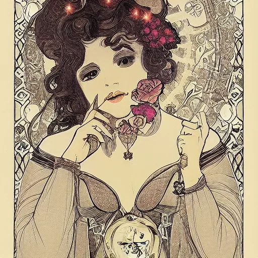 Image similar to Alice in Wonderland,Diamonds Blaze,Rose twining,out of time and space,dreamy, eternity, romantic,highly detailed,in the style of Alphonse Maria Mucha, highly detailed,night lighting