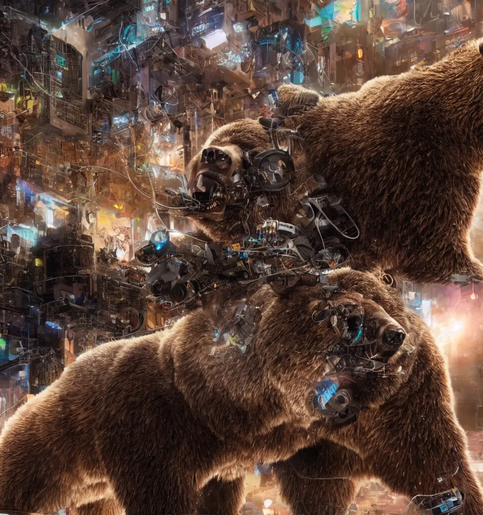 Image similar to a cyborg grizzly bear dj mixing records on stage, photorealistic, highly detailed, illustration, lifelike, highly detailed, intricate, octane render, sharp focus, cyberpunk