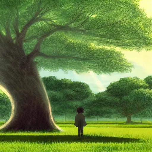 Image similar to big white whale flying near giant tree in the green field, anime, HD,