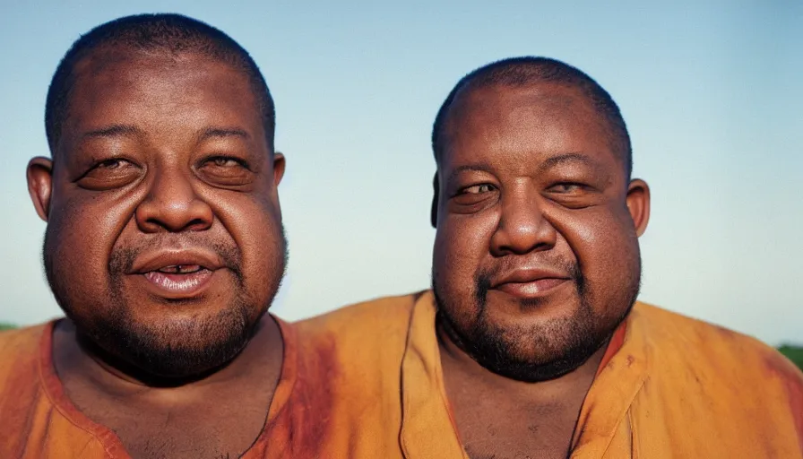 Image similar to far view, extremely fat obese forrest whitaker with long beard, wearing dirty overalls, dirty greasy face, grin, portrait, close up, kodak gold 2 0 0, 5 0 mm,