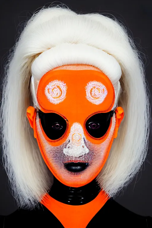 Prompt: symmetrical portrait of a woman wearing an orange embroidered translucent silicone mask and white hair buns, wearing a black bodysuit by alexander mcqueen, white background, soft diffused light, biotechnology, humanoide robot, futuristic aesthetic, translucent, ethereal, intricate details, highly detailed, masterpiece,