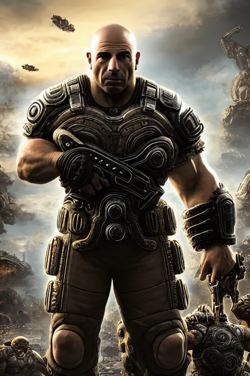 Image similar to Joe Rogan as a smiling muscular Gears of War character, photorealism, full body, HDR ambient background, unreal engine 5, hyperrealistic, highly detailed, XF IQ4, 150MP, 50mm, F1.4, ISO 200, 1/160s, cinematical light, Adobe Lightroom, photolab, Affinity Photo, PhotoDirector 365, realistic