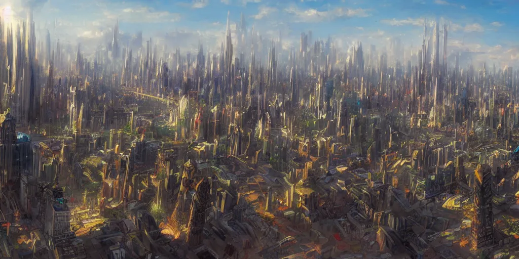 Prompt: painting of a sprawling wizard city skyline by James Gurney, trending on artstation