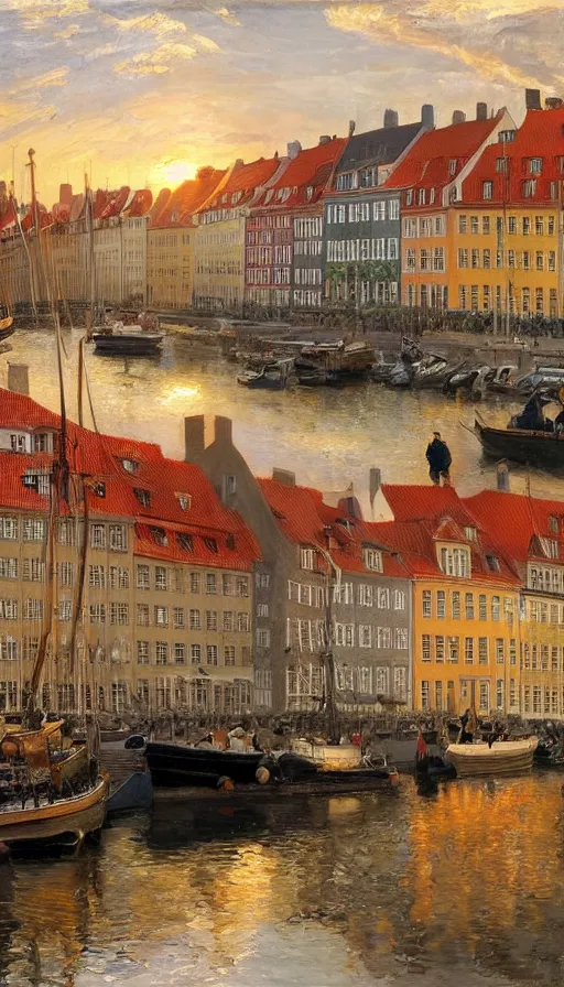 Prompt: still-life painting of Nyhavn at sunset, by Peder Krøyer, lush garden in the background, golden hour, dramatic lighting, volumetric lighting, intricately detailed, canvas print