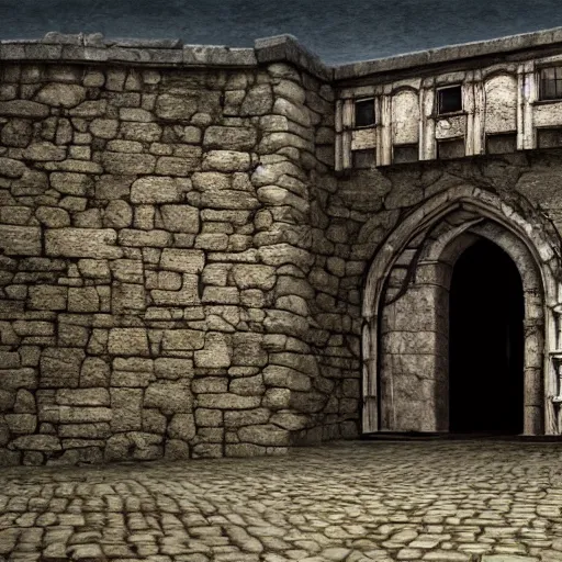 Image similar to man standing at the entranceway to dracula's castle, stone walls, large wooden door, gothic horror, victorian, photorealistic, hyperdetailed, matte painting, concept art