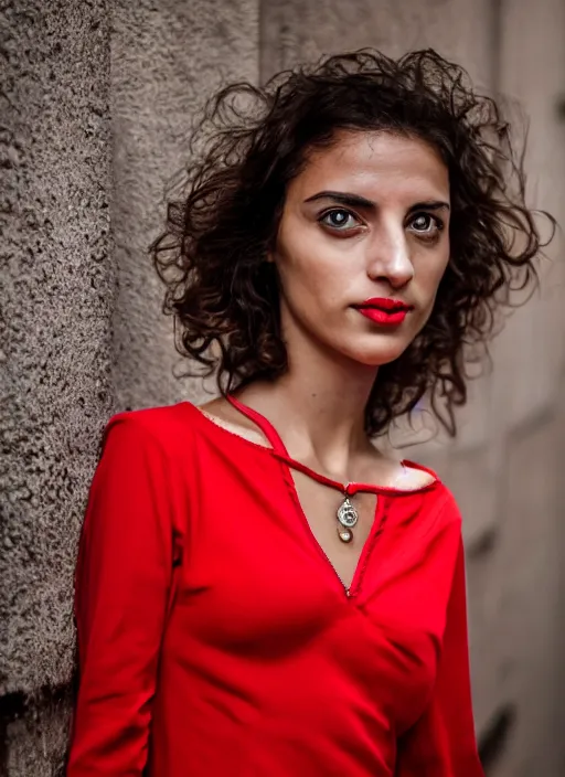 Image similar to close up portrait of beautiful Italian woman, wearing a red outfit, well-groomed model, candid street portrait in the style of Steve McCurry award winning