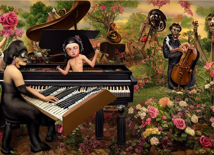 Image similar to 🦍🎹🎼, lowbrow in the style of camille rose garcia and mark ryden and salvador dali, 8 k, matte painting,