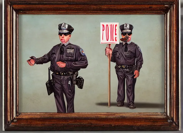 Image similar to a police officer made of donut, lowbrow, matte painting, 3 - d highly detailed, in the style of mark ryden,