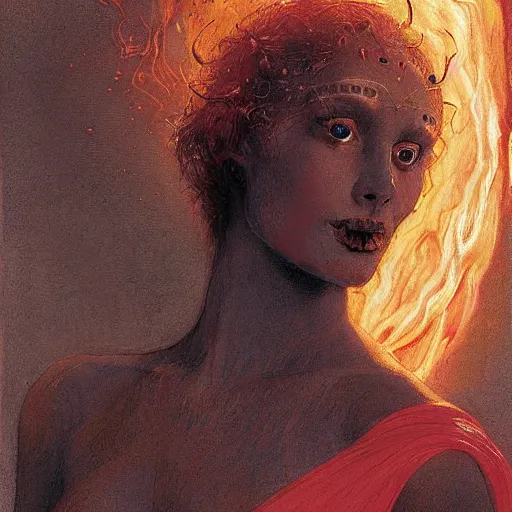 Image similar to a masterpiece full body portrait a beautiful Beatrice as a demoness in Dante\'s inferno, beautiful face, flawless skin, flames and smoke in background, by Edgar Maxence and Ross Tran and Michael Whelan